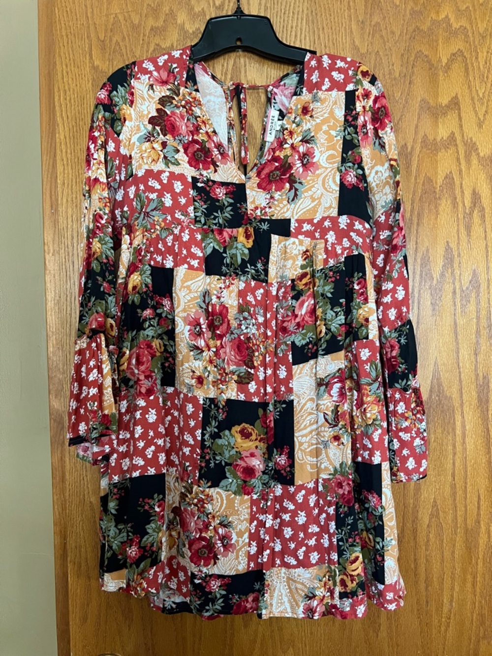 Andree Patchwork Floral Long Sleeve Dress - Red, Black, Gold